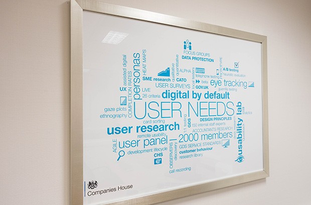 Framed list of words associated with user needs and user research