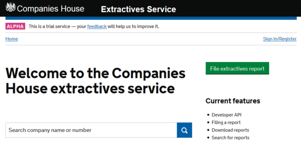 A screen grab of the extractives alpha homepage