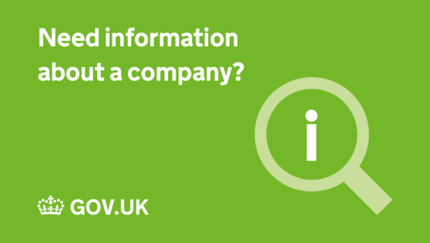 Need information about a company? With an 'i' in a magnifying glass and GOV.UK logo. 