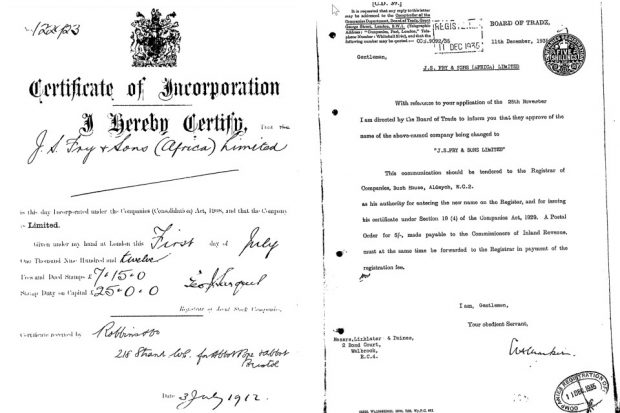 Incorporation document for J S Fry and Son Ltd