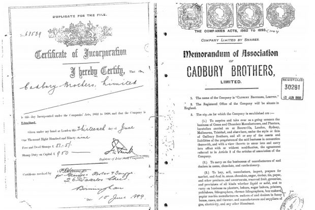 Cadbury brothers incorporation records