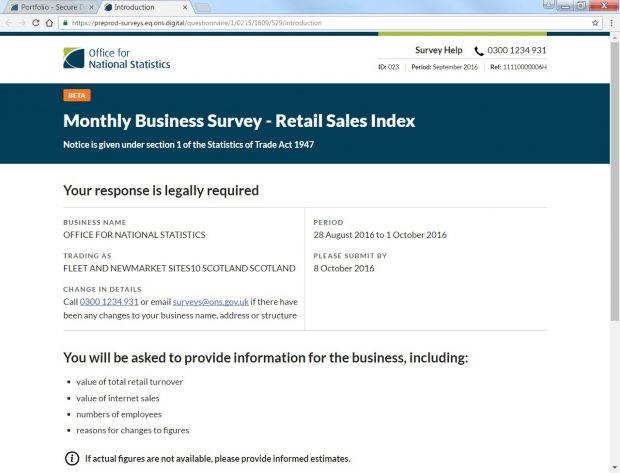 Screenshot of ONS Monthly Business survey 