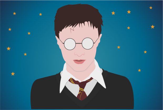 A computer drawing of Harry Potter - a dark haired boy in a school uniform wearing spectacles with a lightning shaped scar on his forehead. 