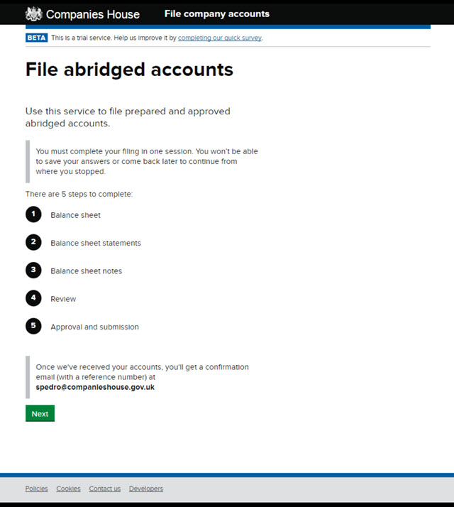 A screenshot of the 'File abridged accounts' online service. 