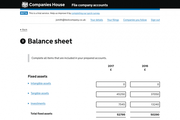 Screenshot of the prototype version of the 'File company accounts' service - the 'Balance sheet' page. 