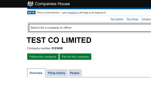 Screen shot of the Follow function on Companies House Service