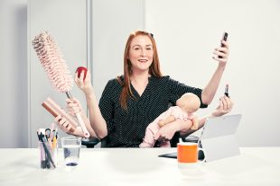 Mother with multiple arms holding office items and baby.
