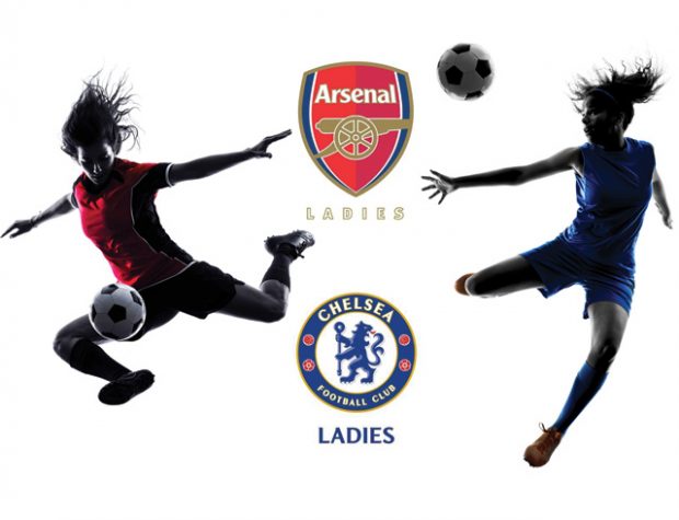 Image of 2 women kicking a football with Arsenal and Chelsea team crests.