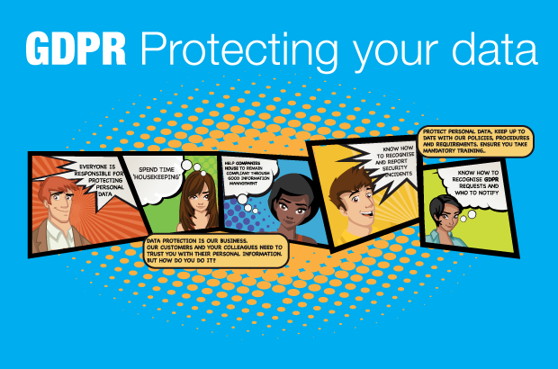 GDPR protecting your data title with cartoon customer profiles.