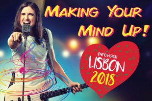 Making your mind up title with singer holding guitar and Eurovision logo.