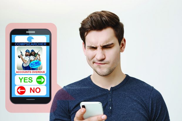 A man looking at a company dating app with a puzzled expression.