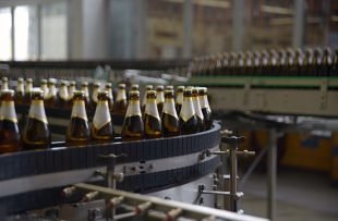 Bottles on a brewery production line.