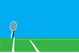 Graphic of tennis court and racket.