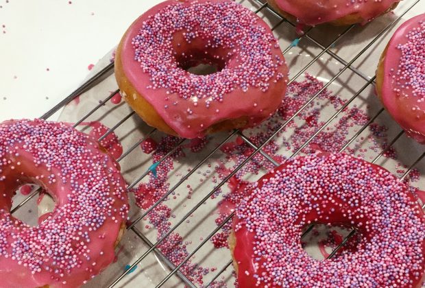 glazed doughnuts with pink icing