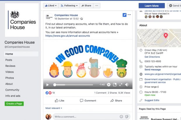 Screenshot of Companies House Facebook page.