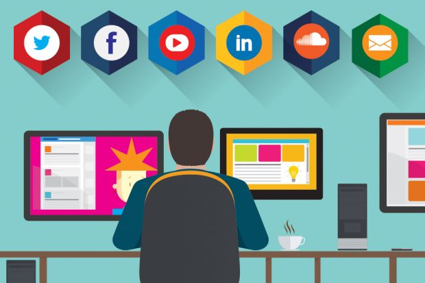 Graphic of man at desk with social media symbols.