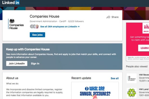 Screenshot of Companies House LinkedIn page.