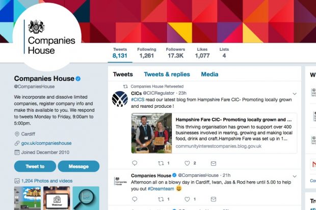 Screenshot of Companies House Twitter page.