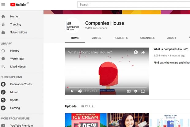 Screenshot of Companies House YouTube page.