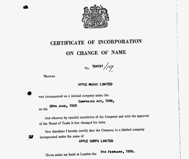 Certificate for the company change of name from Apple Music Limited to Apple Corps Limited.