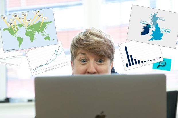 A female looking surprised at a laptop with statistics graphics floating around.