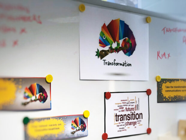 Our transformation logo and ideas on a white board.