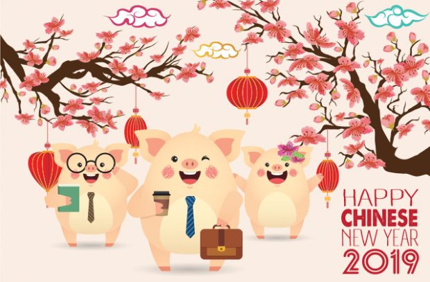 A graphic of 3 pigs in business outfits against a Chinese style background with the words 'Happy Chinese New Year 2019'. 