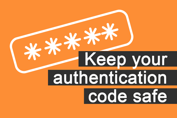 An illustration of asterisks representing a password and the message 'Keep your authentication code safe'