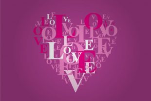 A heart symbol made up from the letters in the word 'love' on a purple background.