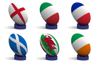 Six rugby balls with the flags of the Six Nations against a white background.