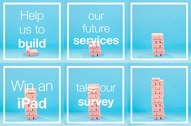 A series of video stills of pink wafer biscuits being stacked into a tower with the message 'help us to build our future services, win an iPad, take our survey'.