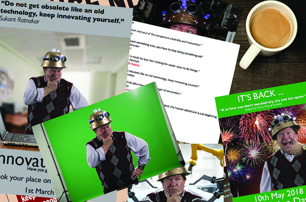 A collage of photos of Gareth in his 'thinking cap' and the posters he made for innovation day.