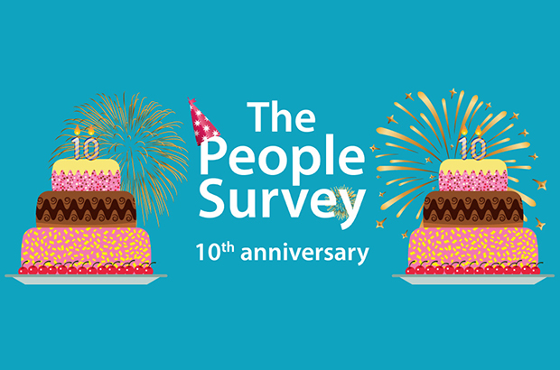 An illustration of cakes and fireworks with the message ' The People Survey 10th anniversary'