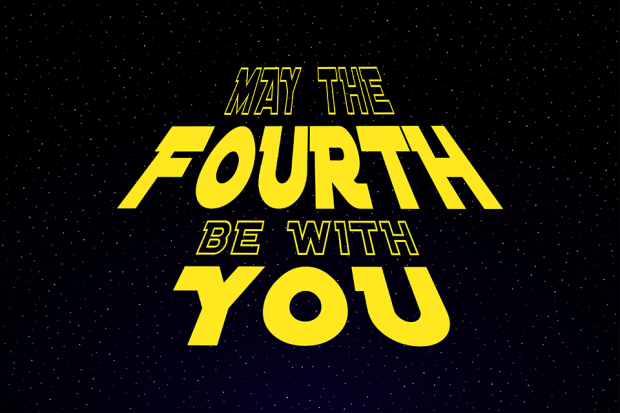 "May the fourth be with you" in yellow text against a starry background, in the style of the Star Wars credits.