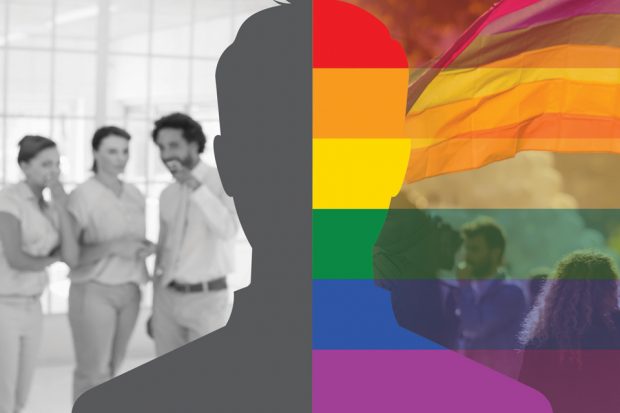 A silhouette of a man with one half against the rainbow colours and the other half against a group of people gossiping.