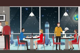 A graphic depicting a restaurant on the moon.