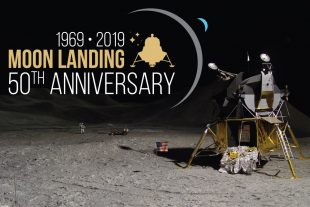 A lander on the moon with a title 1969 to 2019 Moon Landing 50th anniversary.