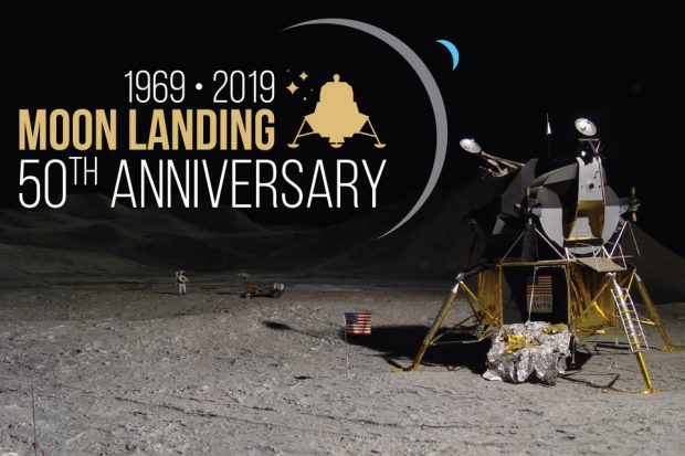 A lander on the moon with a title 1969 to 2019 Moon Landing 50th anniversary.