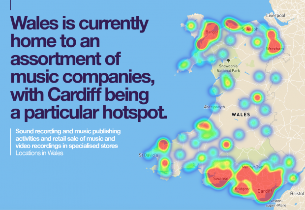 An infographic showing sound recording and music publishing activities in Wales. Text reads 'Wales is currently home to an assortment of music companies, with Cardiff being a particular hotspot. 