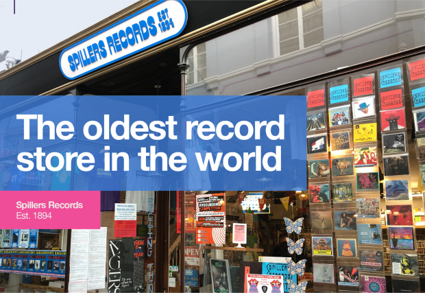 An image of the exterior of Spillers Records, with graphics saying 'The oldest record store in the world' and 'Spillers Records Est. 1894'