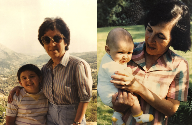 A collage of 2 images - one image shows a lady wearing sunglasses smiling next to a young boy. The other image shows the same lady holding a baby.