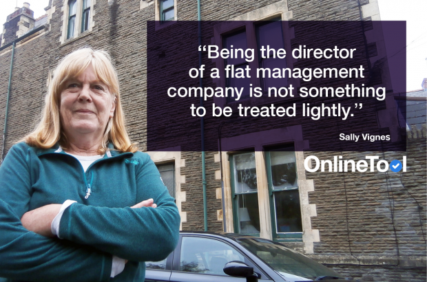 A woman with her arms folded standing outside a block of flats next to the text 'Being the director of a flat management company is not something to be treated lightly.'