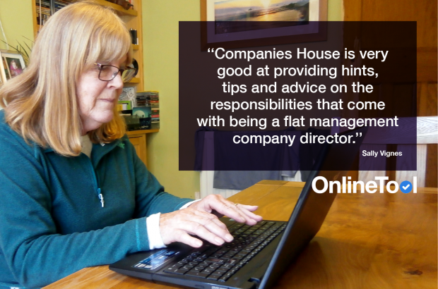 A woman sat down and working on a laptop next to the text 'Companies House is very good at providing hints tips and advice on the responsibilities that come with being a flat management company director."