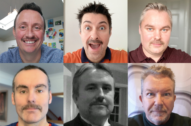 A collage of 6 headshots of men with moustaches. 