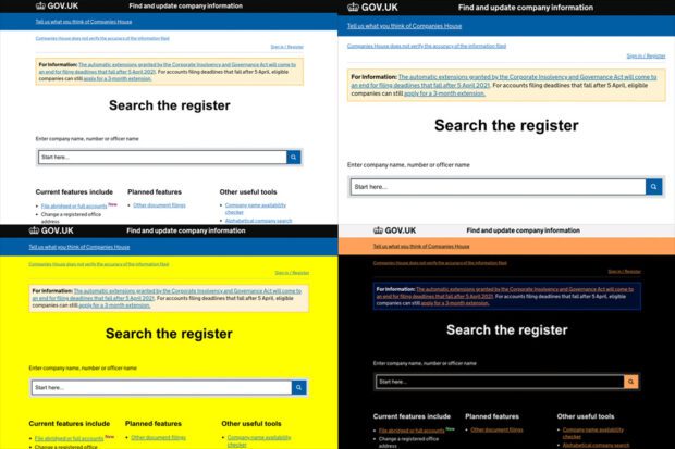 A collage of screengrabs of the homepage of our 'Find and update company information'. Each screengrab has custom adjustments, such as a yellow background, a black background, and larger font. 