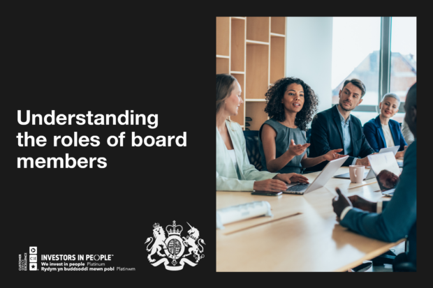 A group of people working around a table. Text reads: Understanding the roles of board members. 