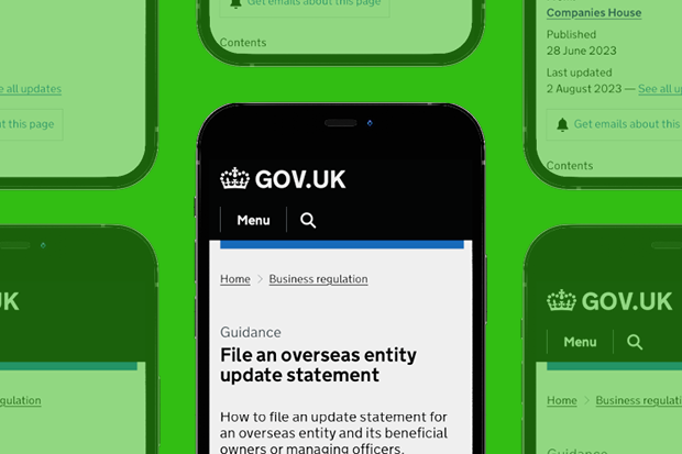 A mobile phone displaying the OV.UK page: File an overseas entity update statement