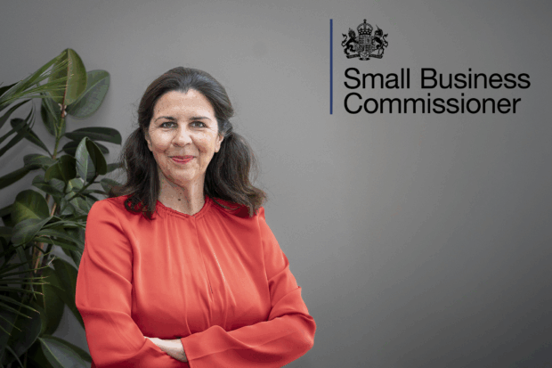 Emma Jones CBE, the Small Business Commissioner smiles, standing in front of a grey backdrop and a plant.