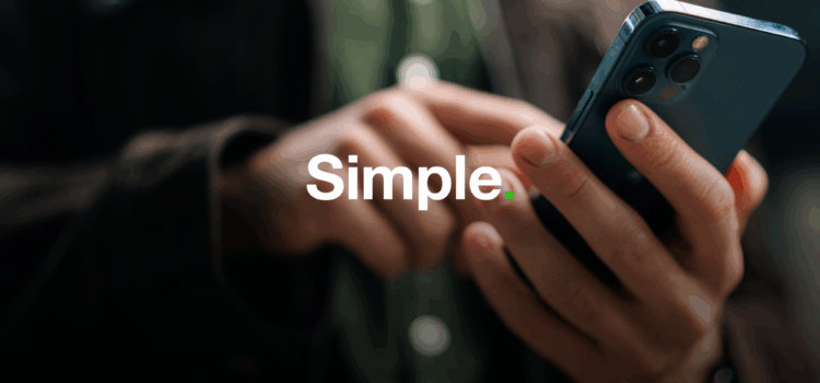 A person is typing on a smartphone with the word 'simple' overlaid