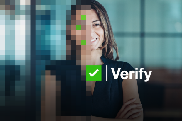 A woman smiles at the camera, with half of her face blurred by pixels. The word 'verify' with a green tick is laid over the top of the image. 